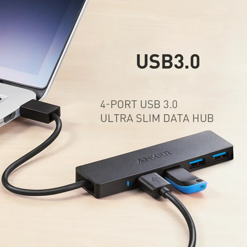 Black Anker 4-port USB 3.0 hub measuring 30x107mm with 20cm connecting cable
