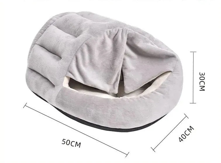 Grey semi-closed curtain cat nest, 50x40cm, short plush and PP cotton, indoor winter pet bed
