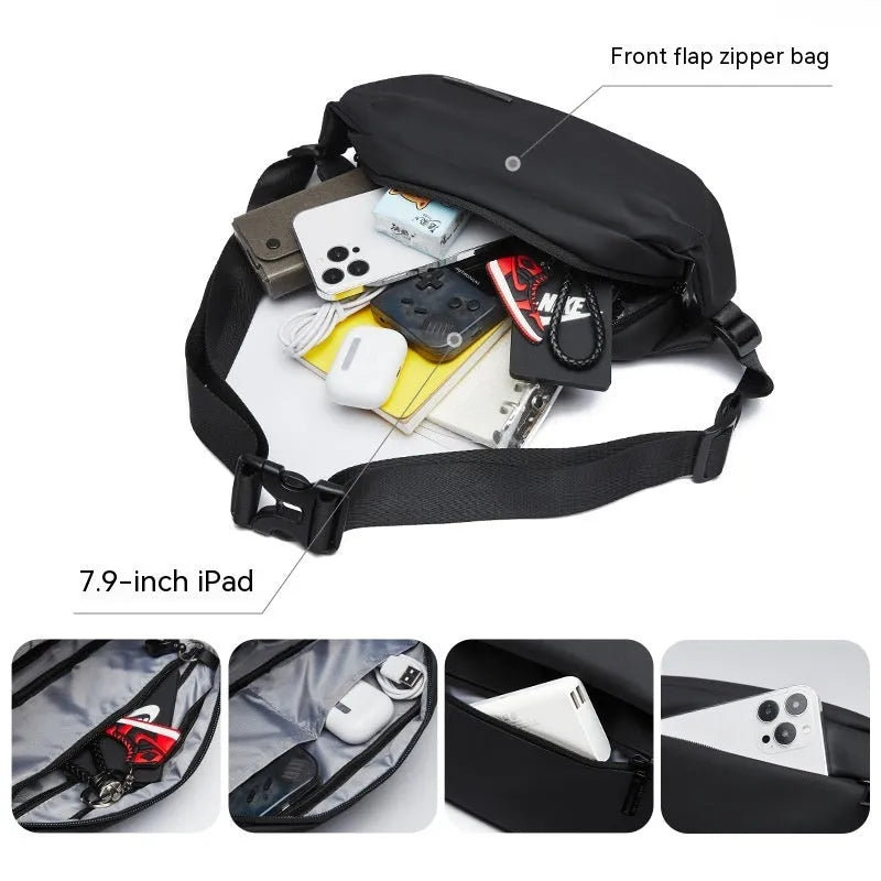 Black oxford cloth men's messenger bag with one-shoulder riding strap and decorative sewing thread.