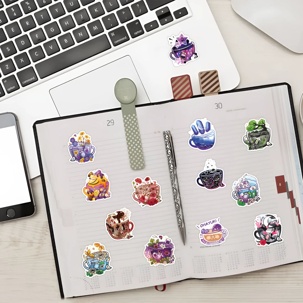 A pack of 50 colourful tea cup graffiti-style waterproof vinyl stickers on a sheet.