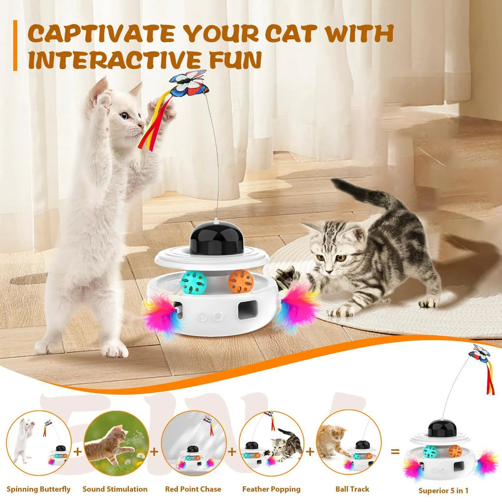 White electric mute cat toy with feather attachment, made of ABS and TPR, for indoor cats.