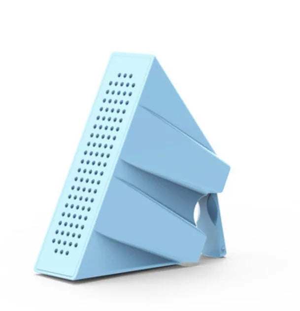 Mini mobile phone amplifier bracket for Apple iPhone on desktop in blue colour