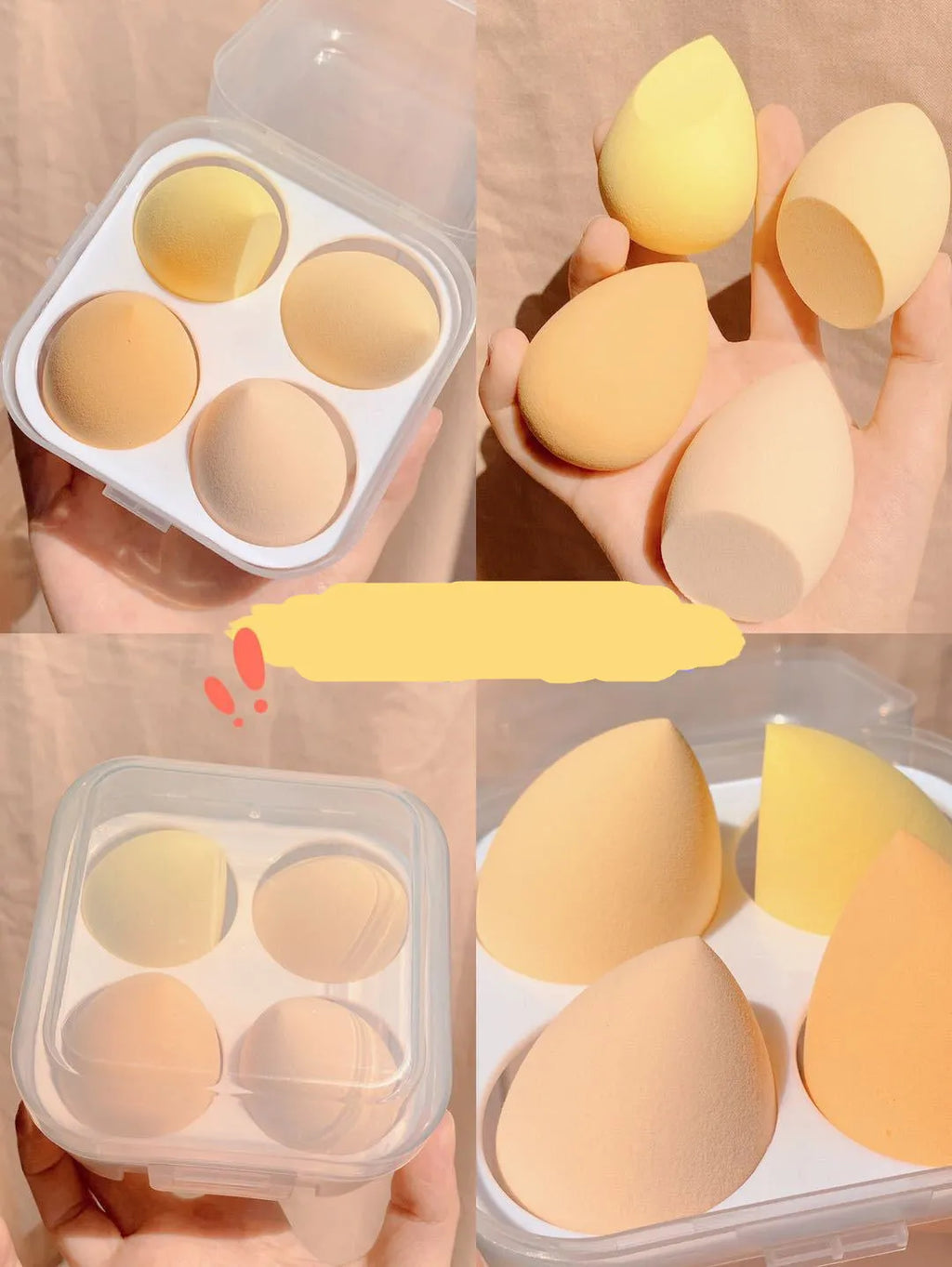 Four makeup egg beauty blenders in grape, mango, mint, and peach colours, each approximately 6cm in size