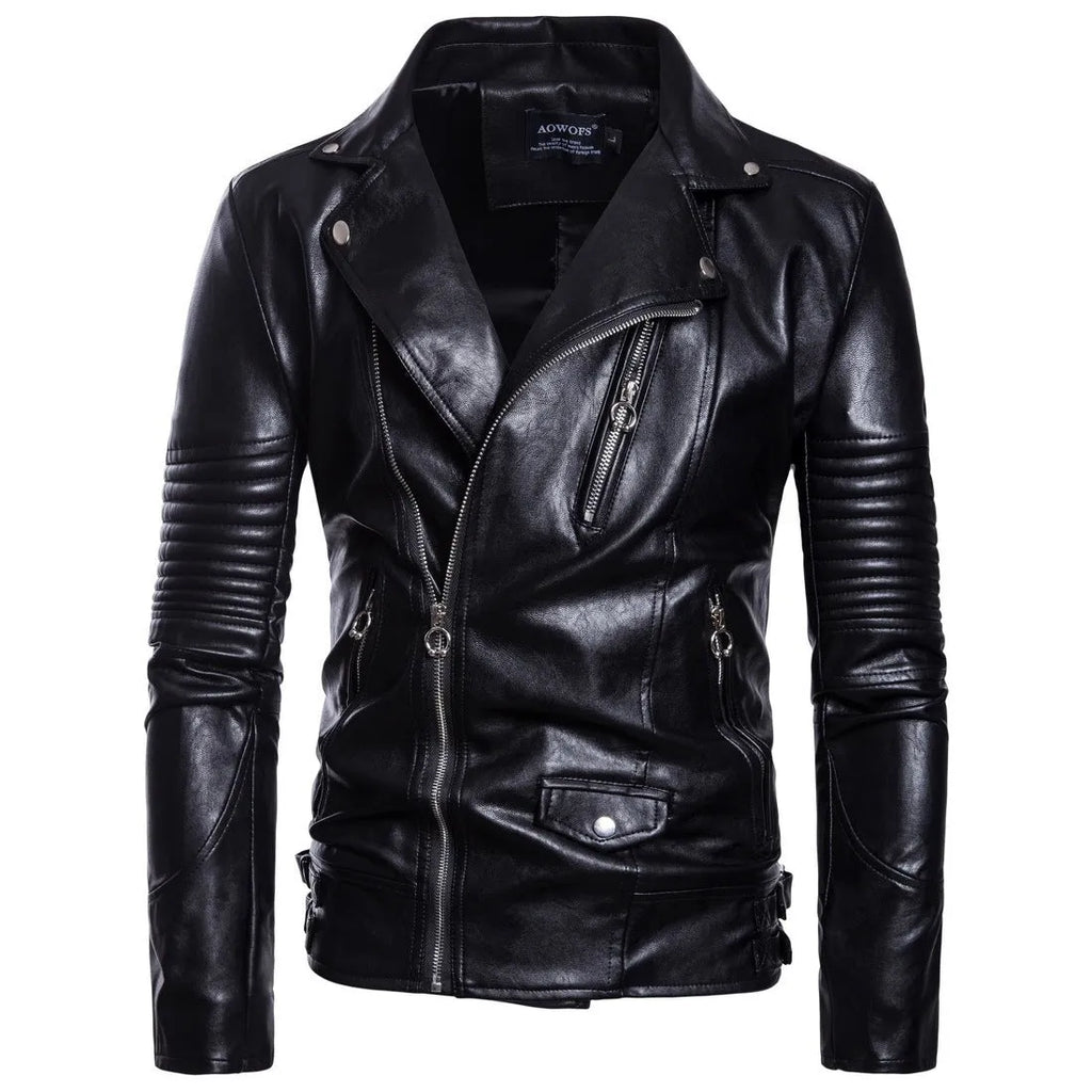 Men's black sheepskin leather jacket with suit collar and zip front, fitted style, sizes XXL to 5XL