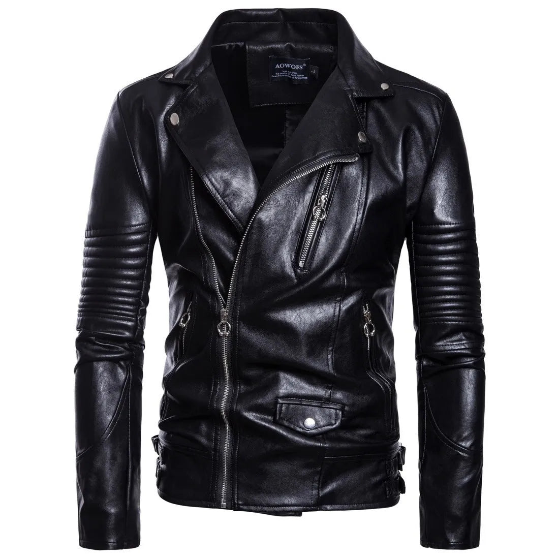 Men's black sheepskin leather jacket with suit collar and zip front, fitted style, sizes XXL to 5XL