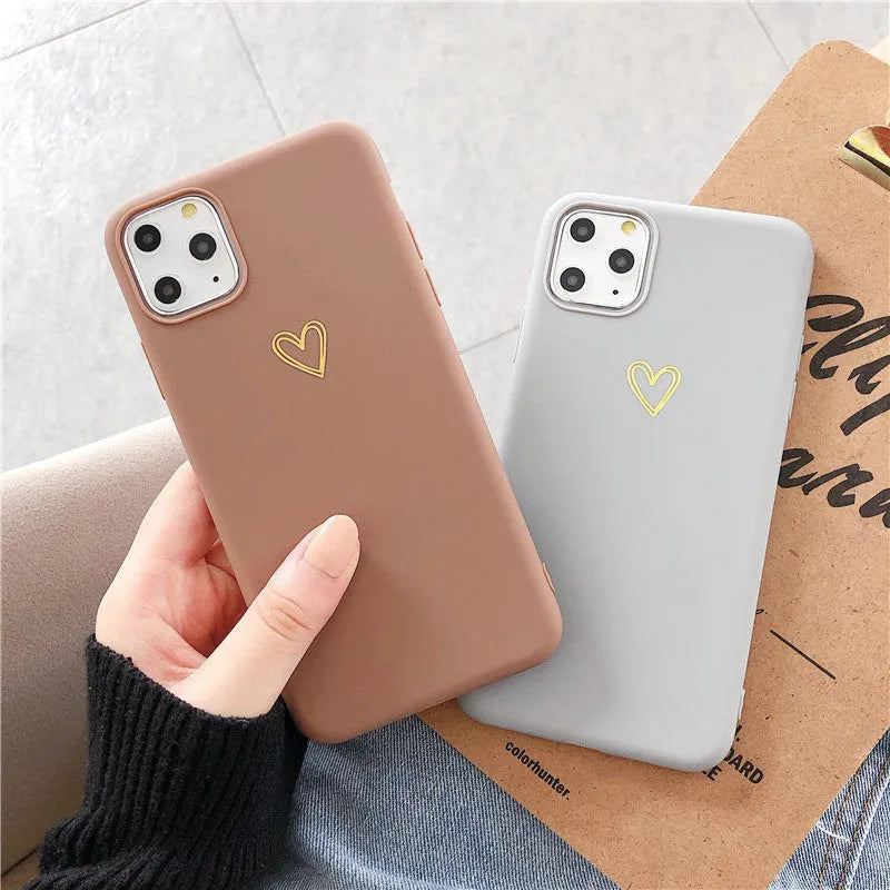 Hand painted love phone case in brown TPU matte feel with side lanyard holes and bronzing detail