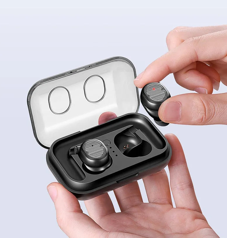 Touch control Bluetooth wireless headset with earbuds in black, white, red, or blue colours