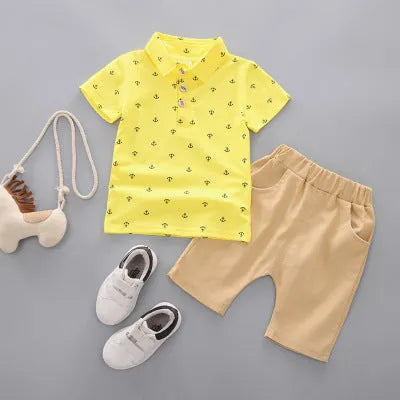 Anchor printed short sleeve cotton romper set for infant boy or girl in blue.
