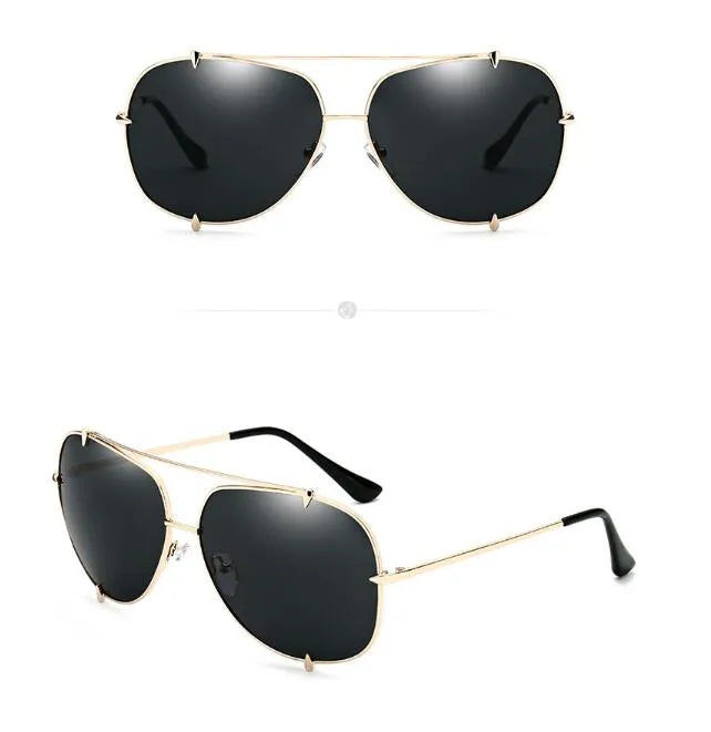 Metal frame UV400 sunglasses with wolf claw rivet, gold frame with black mirror lens, for men and women