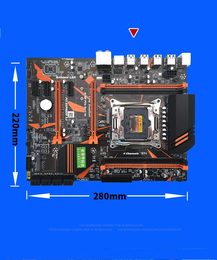 Black X99 chipset ATX motherboard with LGA2011-3 socket, four DDR4 slots, and dual PCI-E x16 connectors
