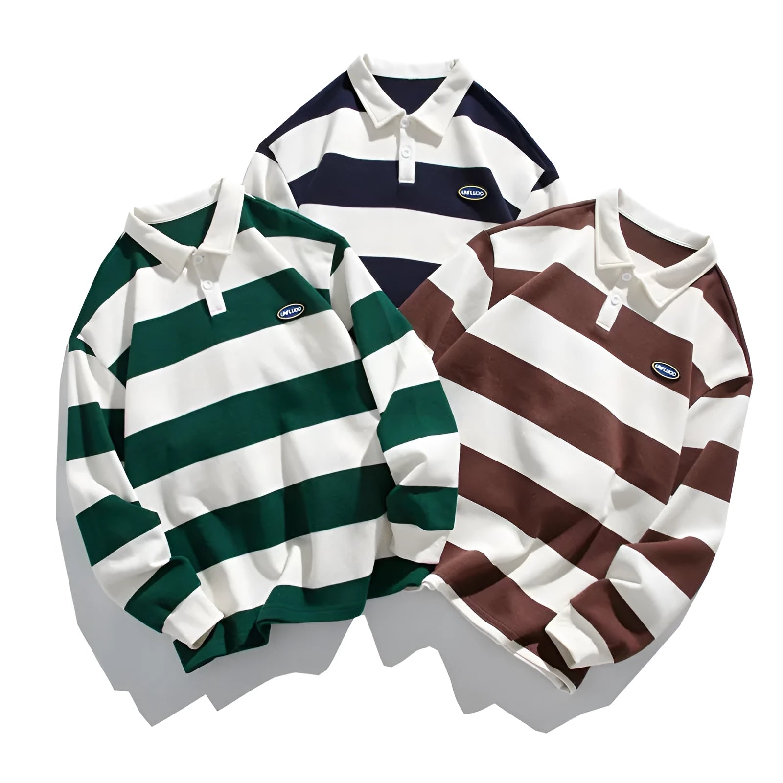 Striped pearl cotton polo shirt with a lapel collar in sapphire blue, shown in a loose fit.