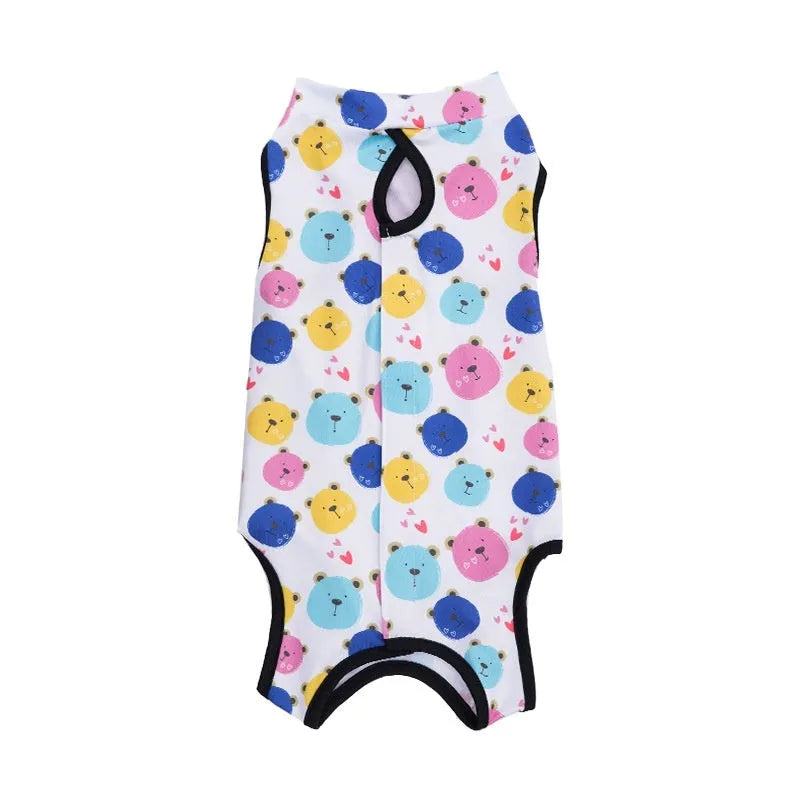 Cat wearing a printed polyester sterilization recovery suit with Velcro fastening on its torso.