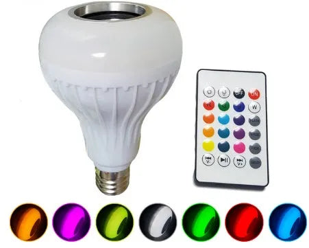 White Bluetooth speaker LED light bulb with E27 screw base for colour changing lighting and wireless audio.
