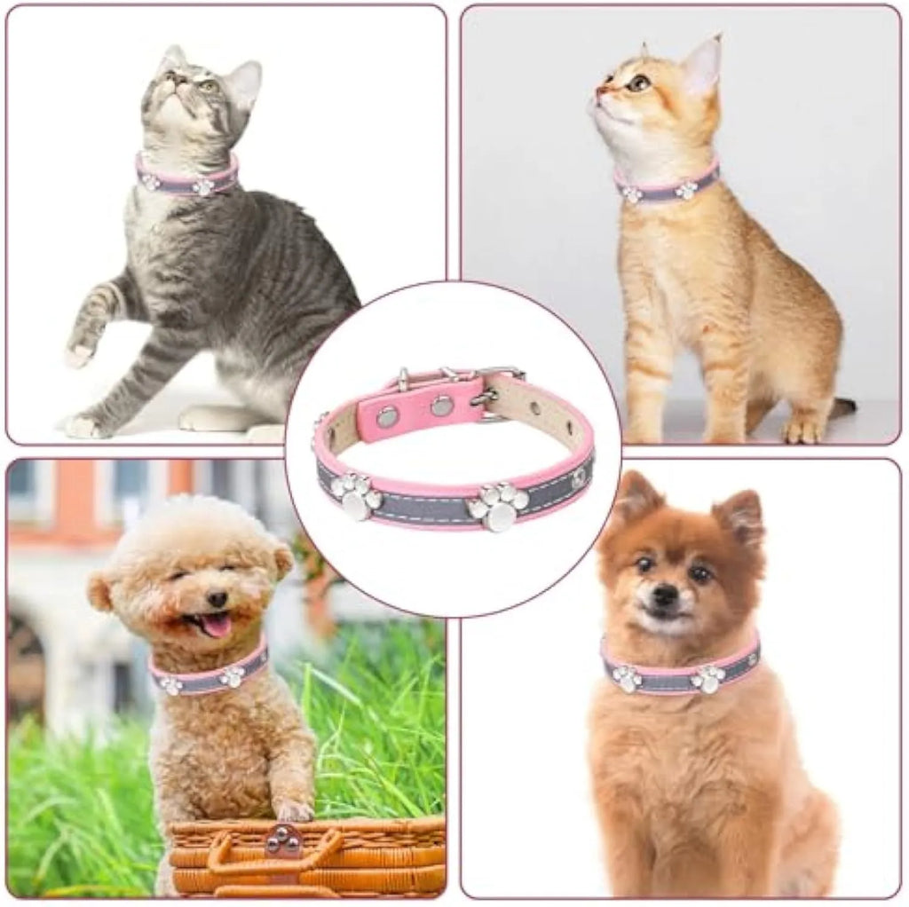 Reflective adjustable PU leather dog collar with metal buckle and decorative paw rivet.