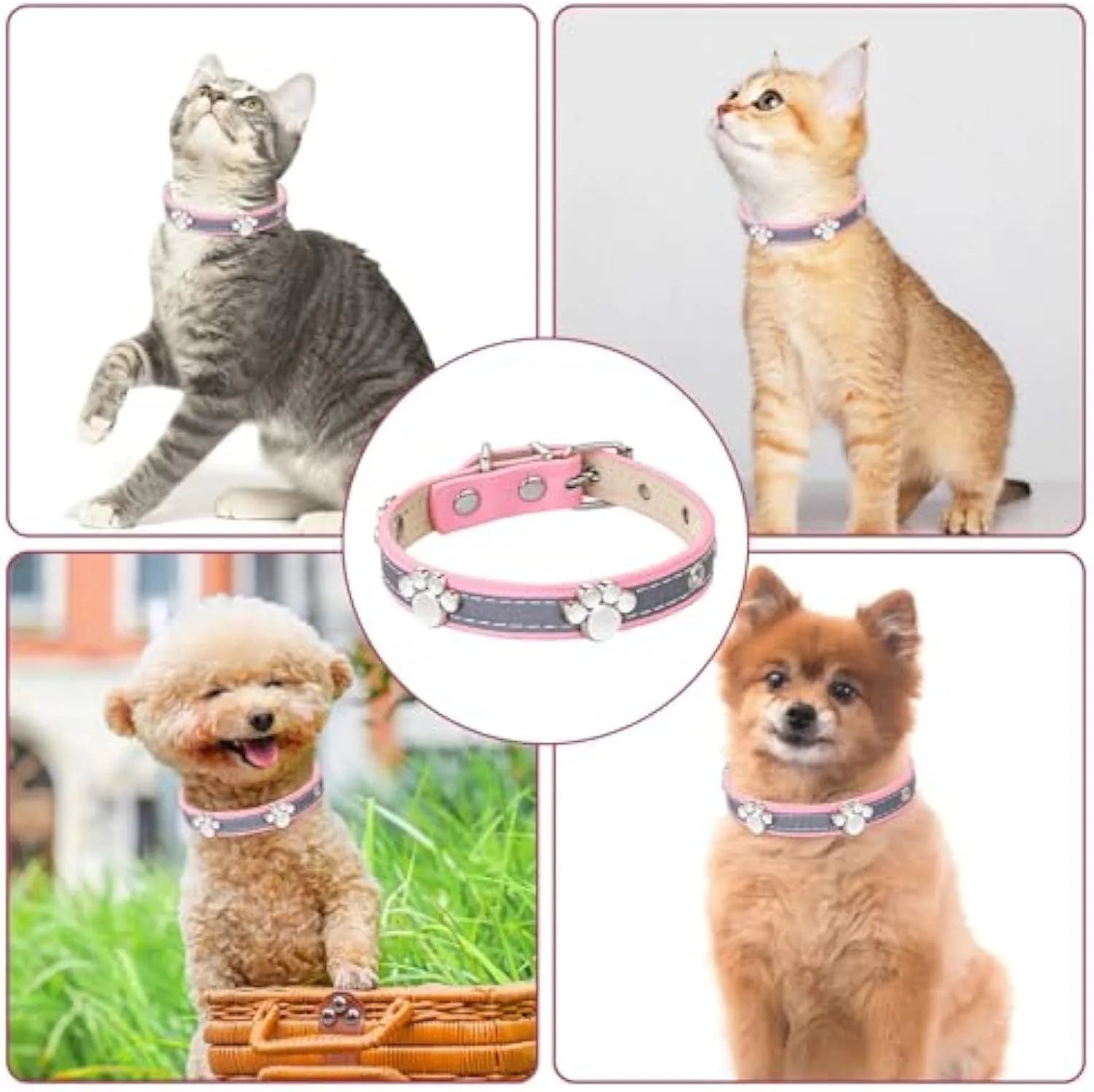 Reflective adjustable PU leather dog collar with metal buckle and decorative paw rivet.