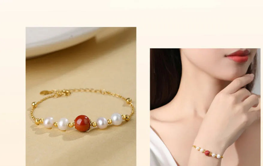 Yellow-finished 925 silver bracelet with red bean and pearl beads in retro style for women