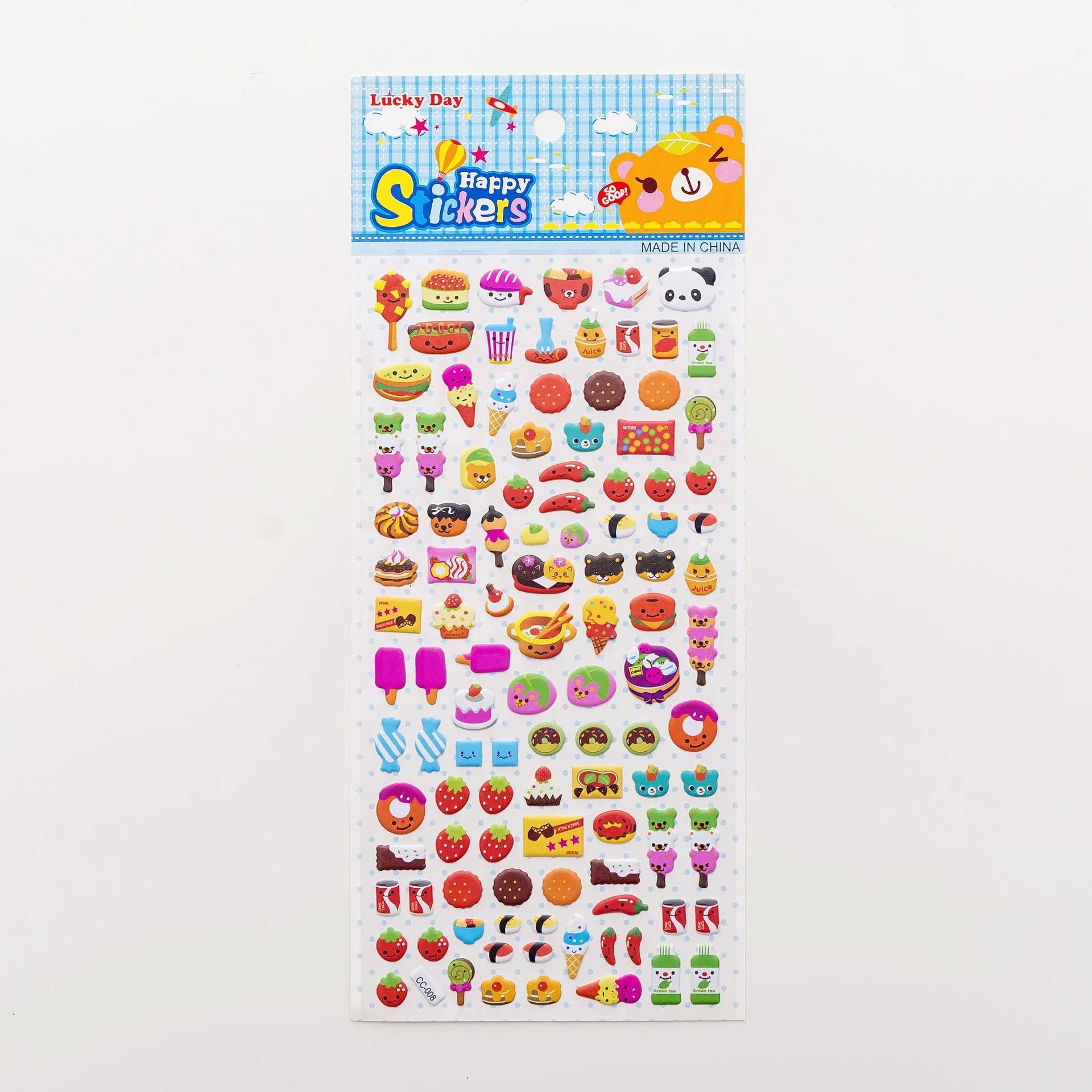 Pack of colourful 3D bubble stickers showing raised cartoon designs of an alpaca, cat, dinosaur, and sweetheart motifs.