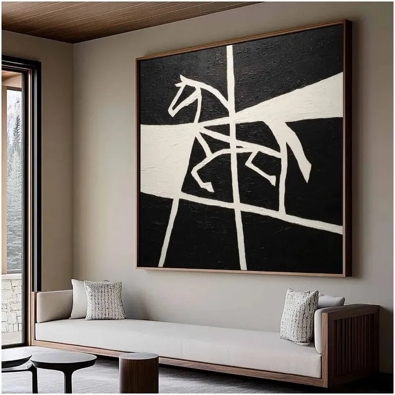 Handmade oil painting on canvas of a black and white horse with success theme, rolled and frameless, square size 60x60cm