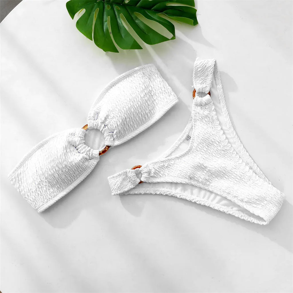 Ladies white solid colour nylon bikini swimsuit set with removable pads, front view on model