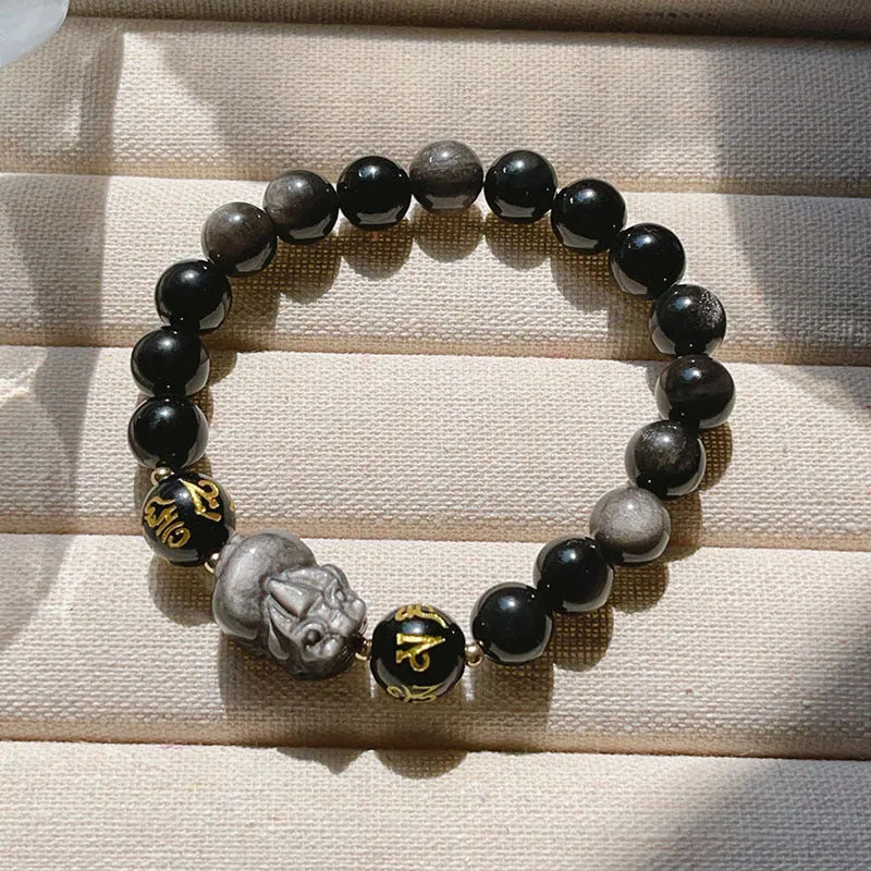 Natural silver stone men's bracelet with hand-knotted beads featuring zodiac symbols and Chinese proverbs