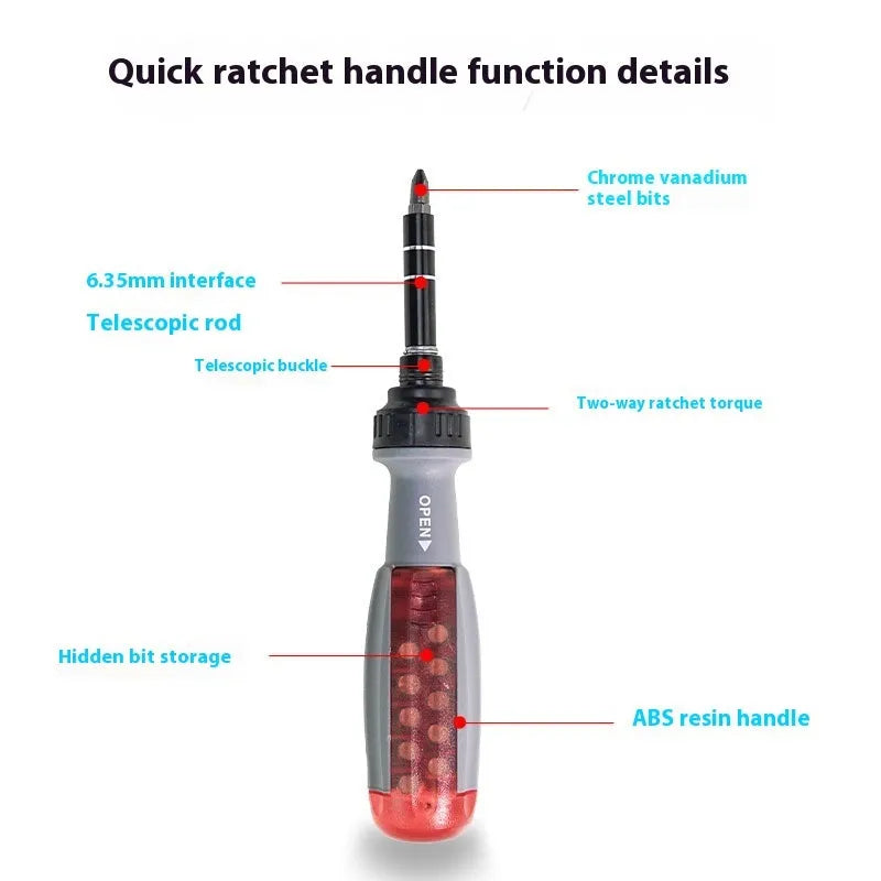 Ratchet screwdriver with retractable shaft, chrome vanadium steel bits, and ABS handle