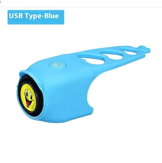 Electronic bicycle horn with plastic housing in six colour options showing compact dimensions for handlebar mounting