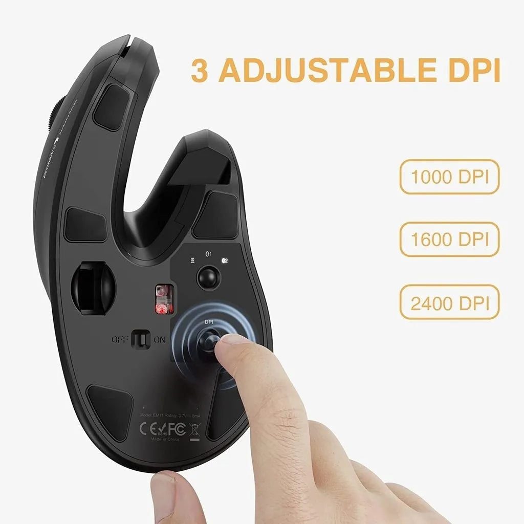 Black vertical ergonomic Bluetooth mouse with RGB lighting on office desk