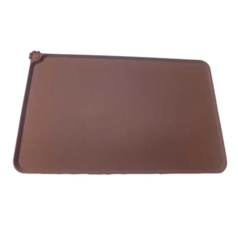 Waterproof silicone pet feeding mat in grey with non-slip base and raised edges, size 47x29.5cm