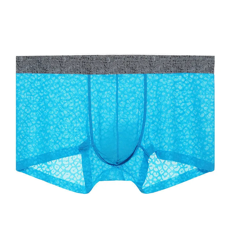 Men's seamless lace boxer briefs in low-waist design, showing thin transparent fabric.