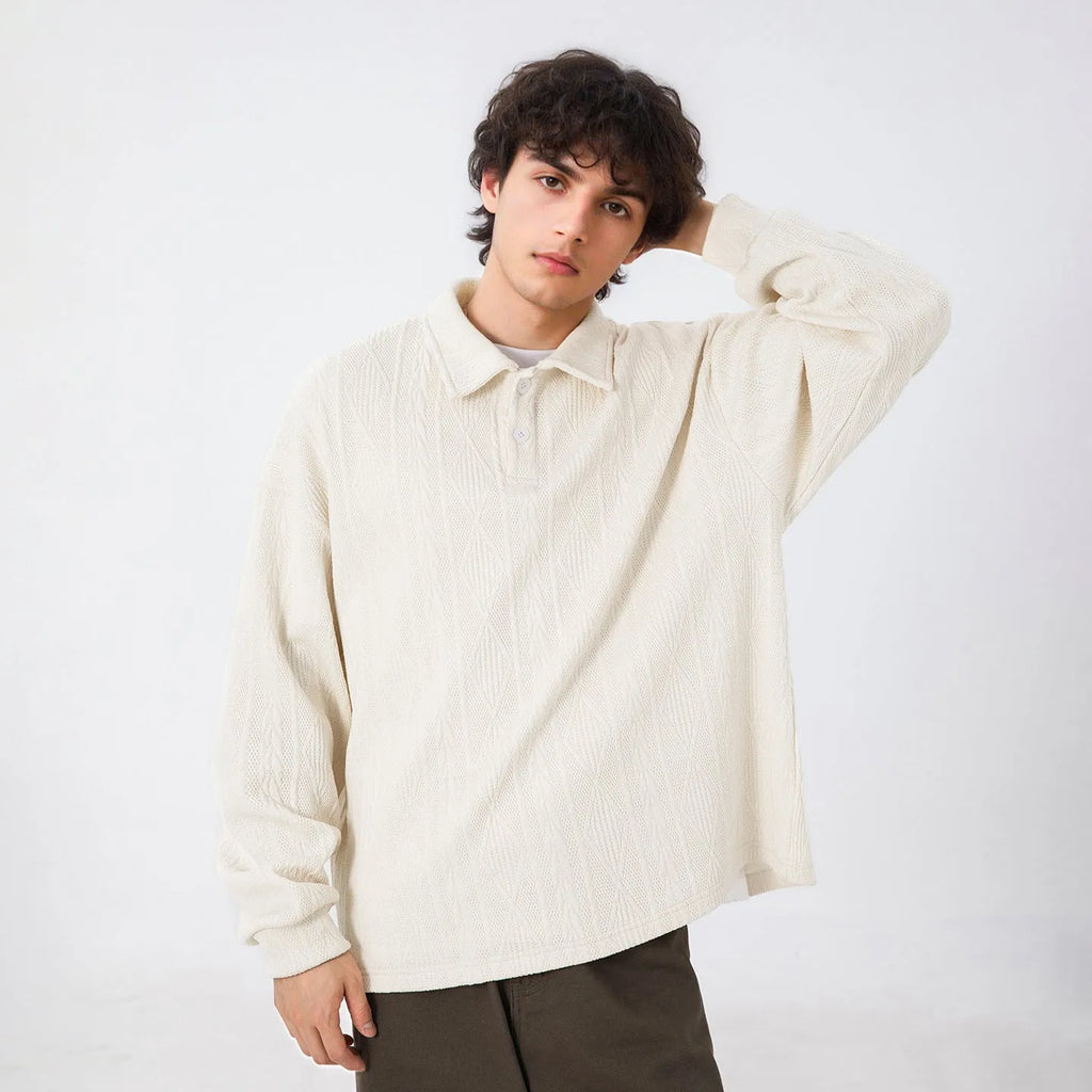 Men's texture jacquard lapel sweater loose fit autumn pullover black solid colour front view