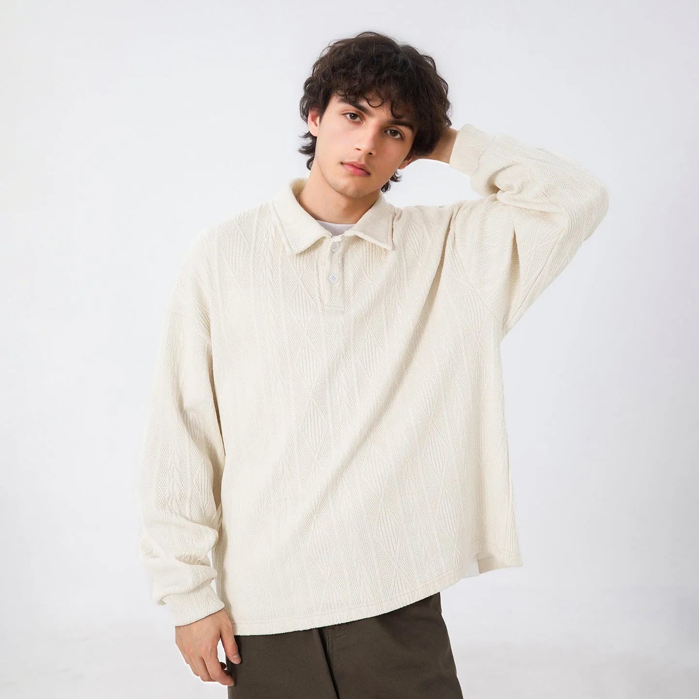 Men's texture jacquard lapel sweater loose fit autumn pullover black solid colour front view