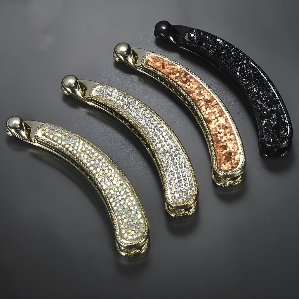 Rhinestone chicken leg banana hairpin in black, plastic with rhinestone diamond inlay, approx 10cm long.