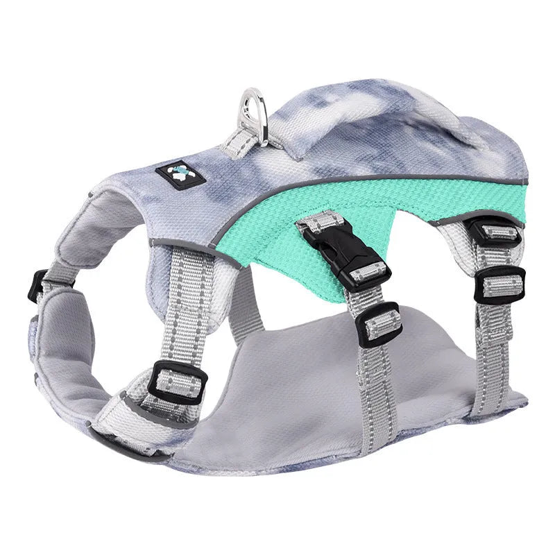 Reflective fluorescent dog harness chest strap in light blue colour, adjustable.