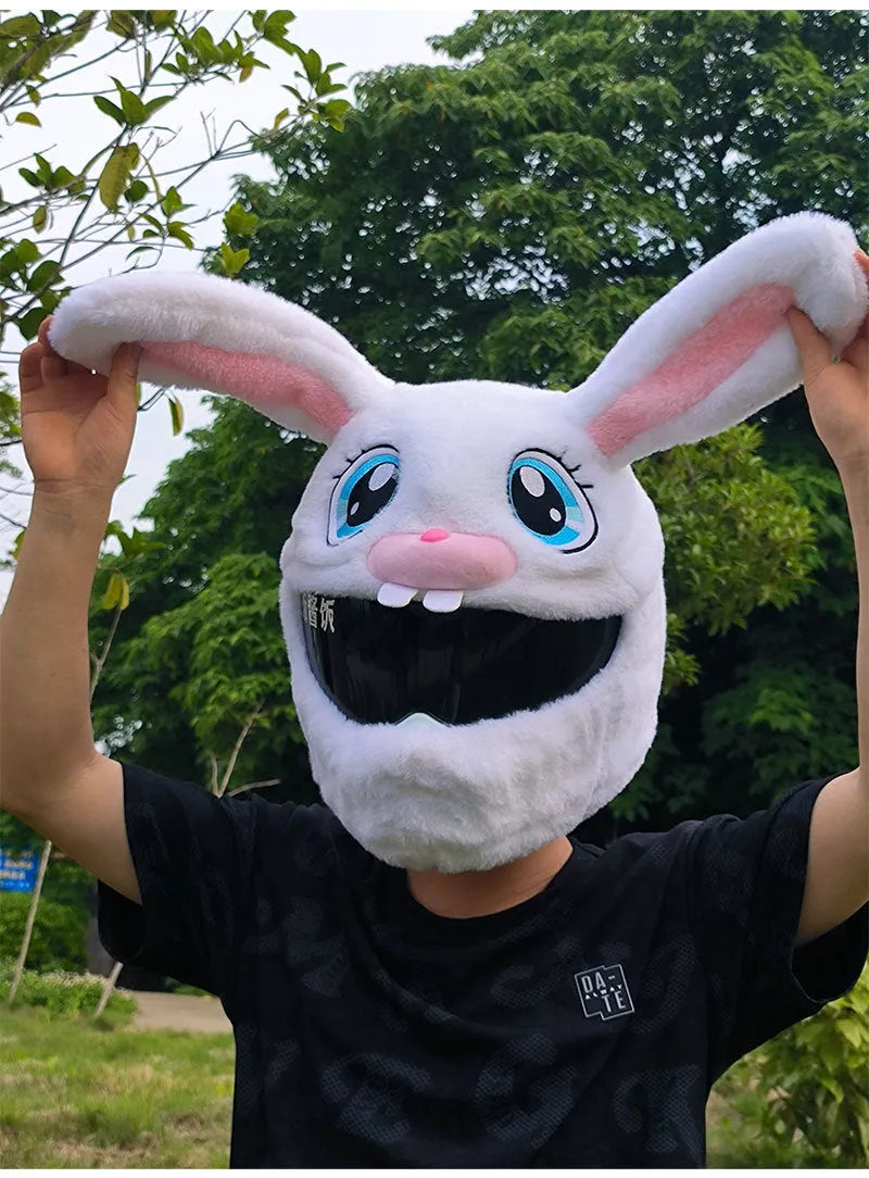 White rabbit head helmet cover for electric motorcycles with long ears and plush material