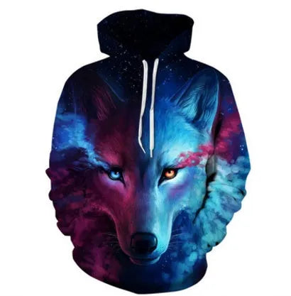 Men's wolf printed hoodie with 3D sweatshirt design, polyester fabric, sizes S to 6XL, ten model options