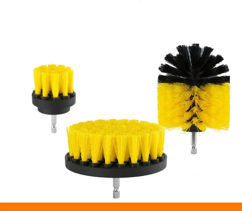 Three nylon drill brushes in different sizes for cleaning bathroom, tile and grout surfaces.