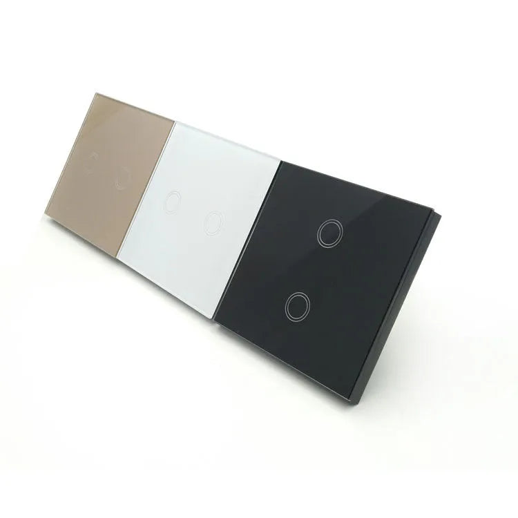 Touch-operated light switch with tempered glass panel in black, golden or white finish