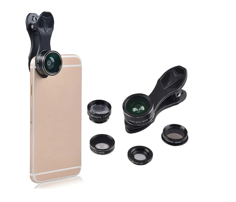 Universal 5-in-1 clip-on smartphone lens kit with wide-angle, macro, fisheye, telephoto, and CPL lenses.