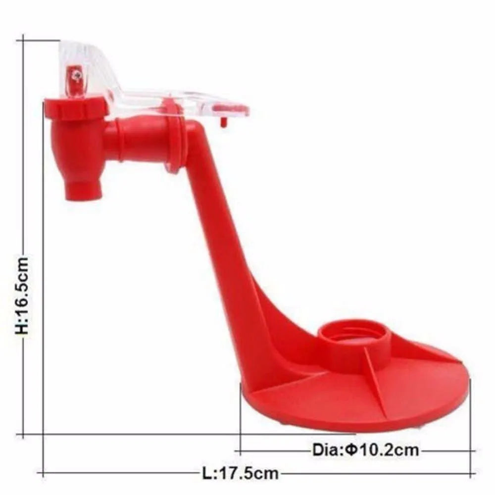Red plastic Magic Tap soda dispenser attached to inverted 2-litre bottle