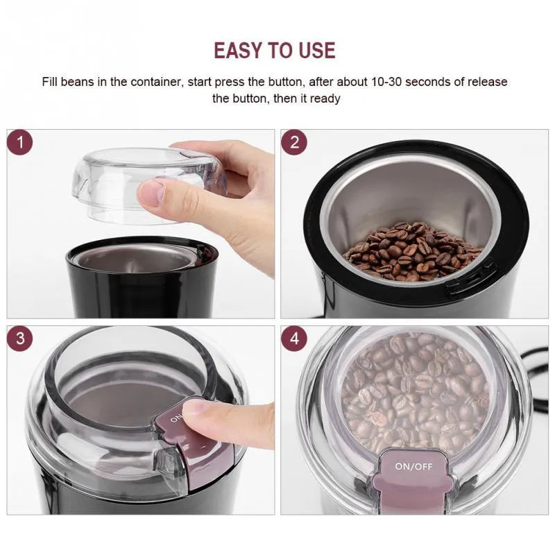 Black or purple mini electric grinder with stainless steel liner on a kitchen worktop