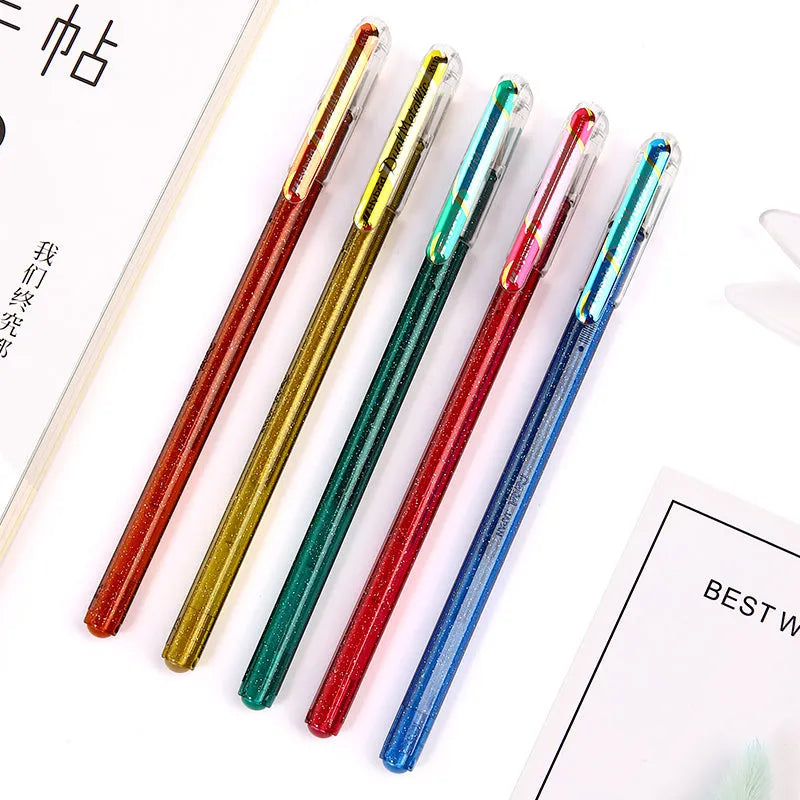 Flash K110 1.0mm gel pen with pearlescent glitter ink in eight colour options showing shimmer writing sample