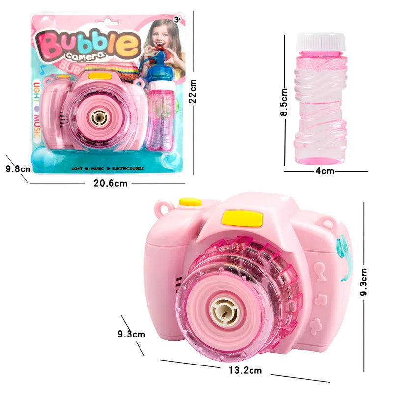 Yellow camera-shaped automatic bubble machine toy with flashing lights on green background
