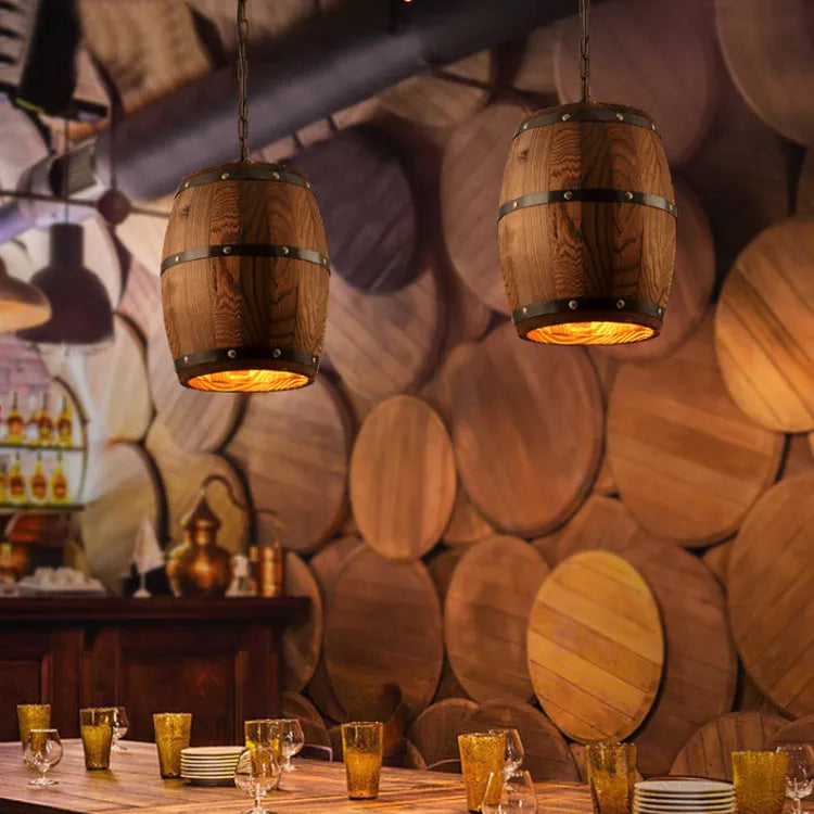 Creative wine barrel wooden chandelier with adjustable height and E27 LED base