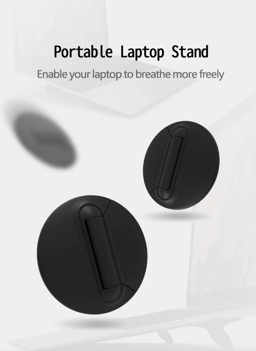 Two black ABS adjustable mini portable laptop stands on a desk under a silver laptop