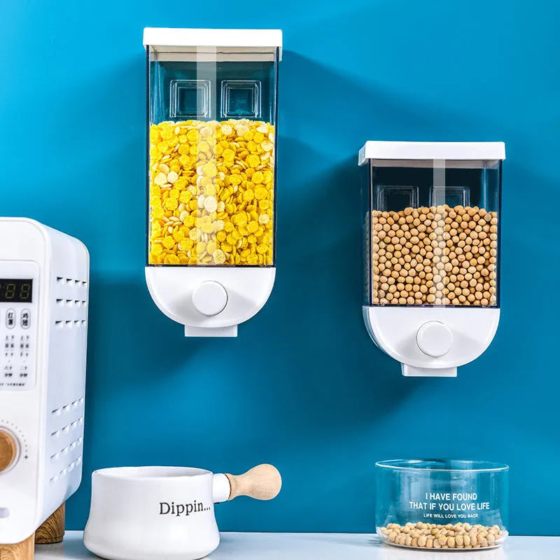 White wall-mounted transparent food storage container with cereal dispenser lid