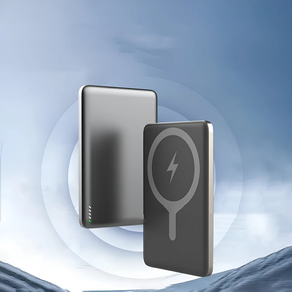 Ultra-thin 8mm magnetic wireless power bank with alloy shell in tarnish colour, 5000mAh or 10000mAh