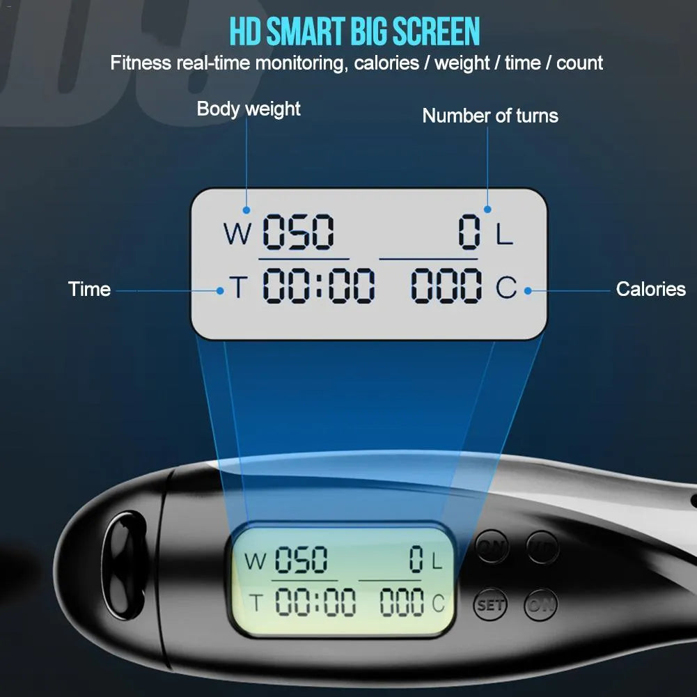 Professional weighted skipping rope with large digital display showing count and calories, non-slip black handle, black grey colour