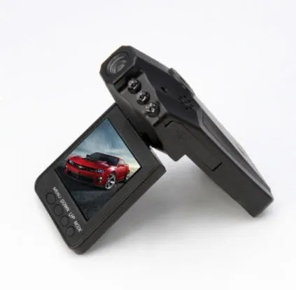 H198 black car dash cam with six infrared lights on front, shown on a windshield.