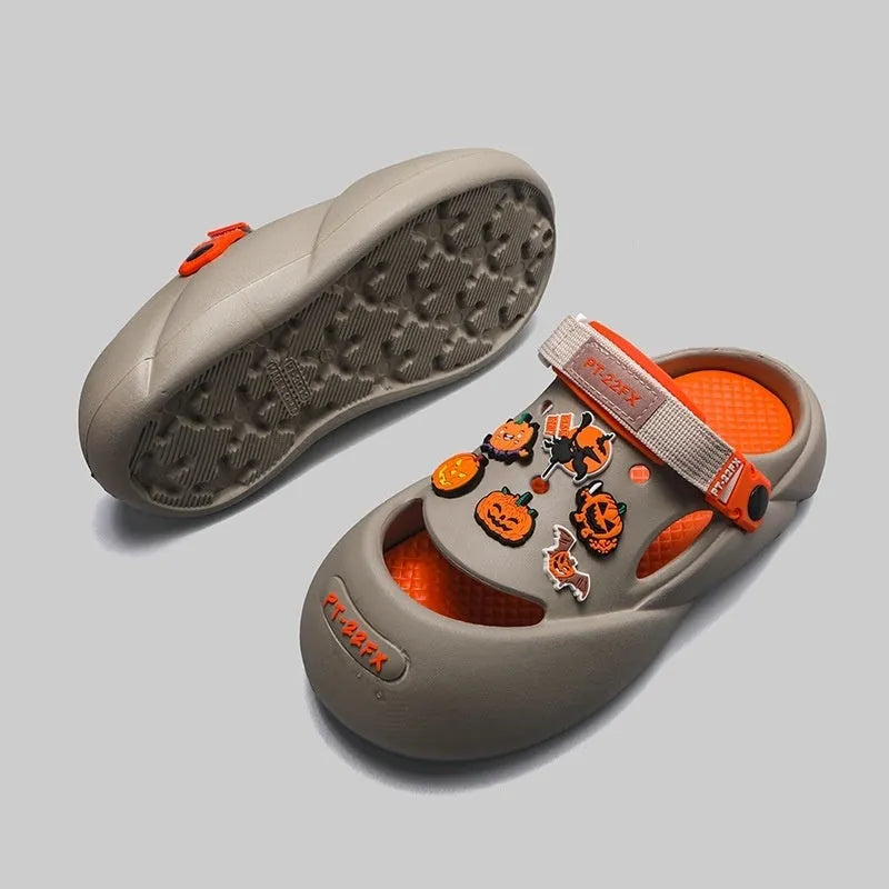 Men's grey baotou-style beach sandals with multiple drainage holes and a lightweight EVA sole.