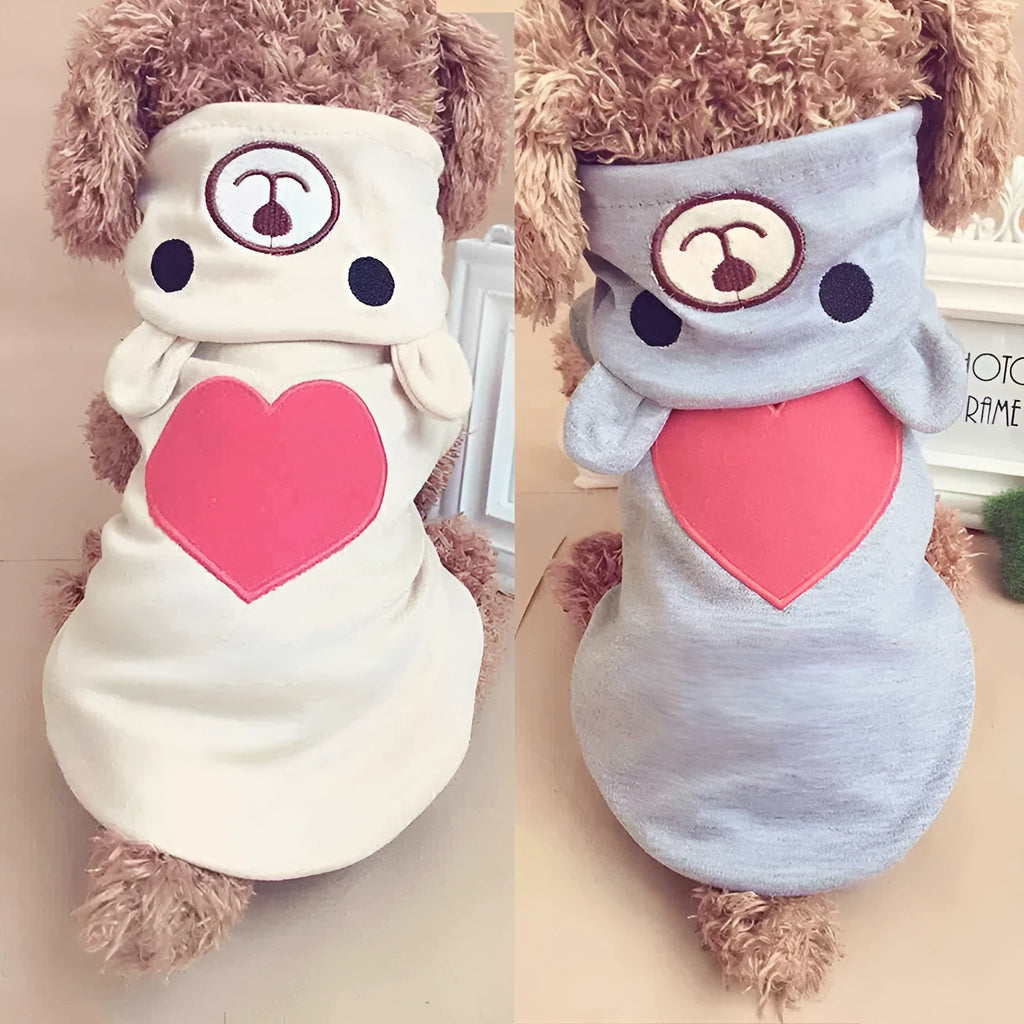 Love Bears summer pet clothes in light gray or light yellow with XS to XL size chart